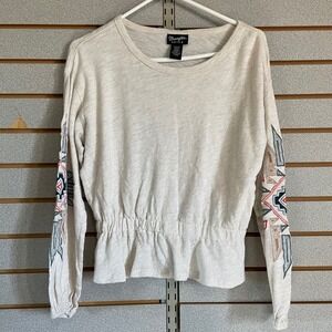 Wrangler Retro Womens Embroidered Sleeve Elastic Waist Peplum Top Beige Small